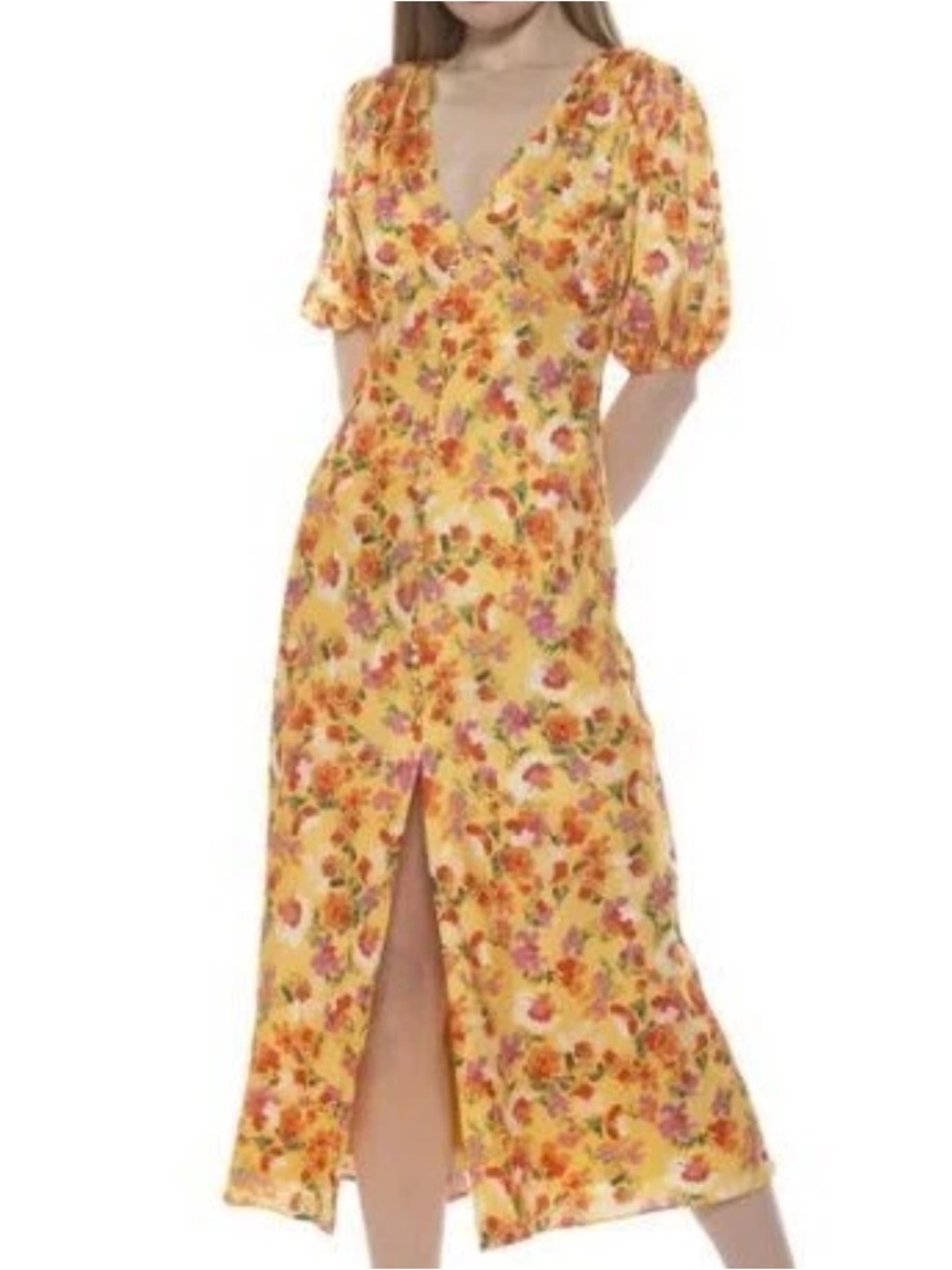 Alexia Admor Lorelei Floral Bubble Sleeve Satin Midi Dress Front Slit NWOT Sz 6